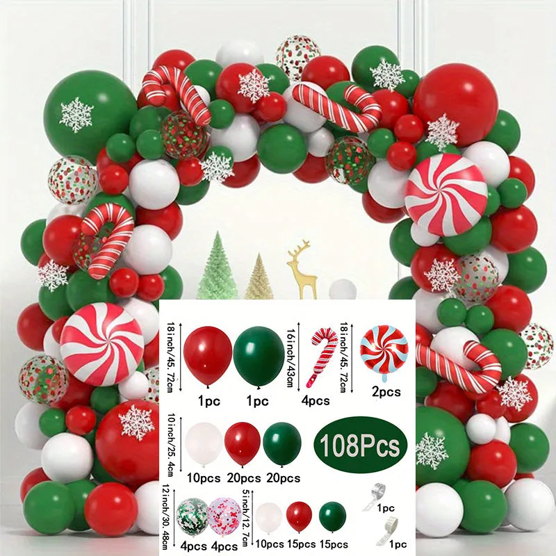 108Pcs Vibrant Christmas Balloon Garland Arch Kit - Balloons for New Year , Wedding, Bridal Shower, Birthday, Gender Reveal Celebrations - Non-Electric, Durable Emulsion Material, Safe for Ages 3-6, Easy to Assemble and Reusable