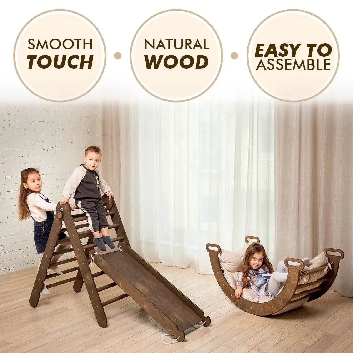 3in1 Montessori PlaySet for Toddlers: Arch   Slide   Cushion - Chocolate