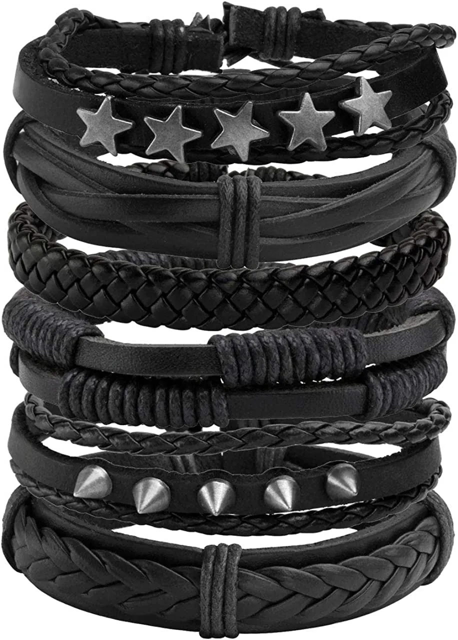 6-12PCS Braided Faux Leather Bracelet  for Men