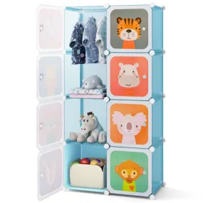 8-Cube Kids Wardrobe Closet with Clothes Hanging Section and Doors-Blue