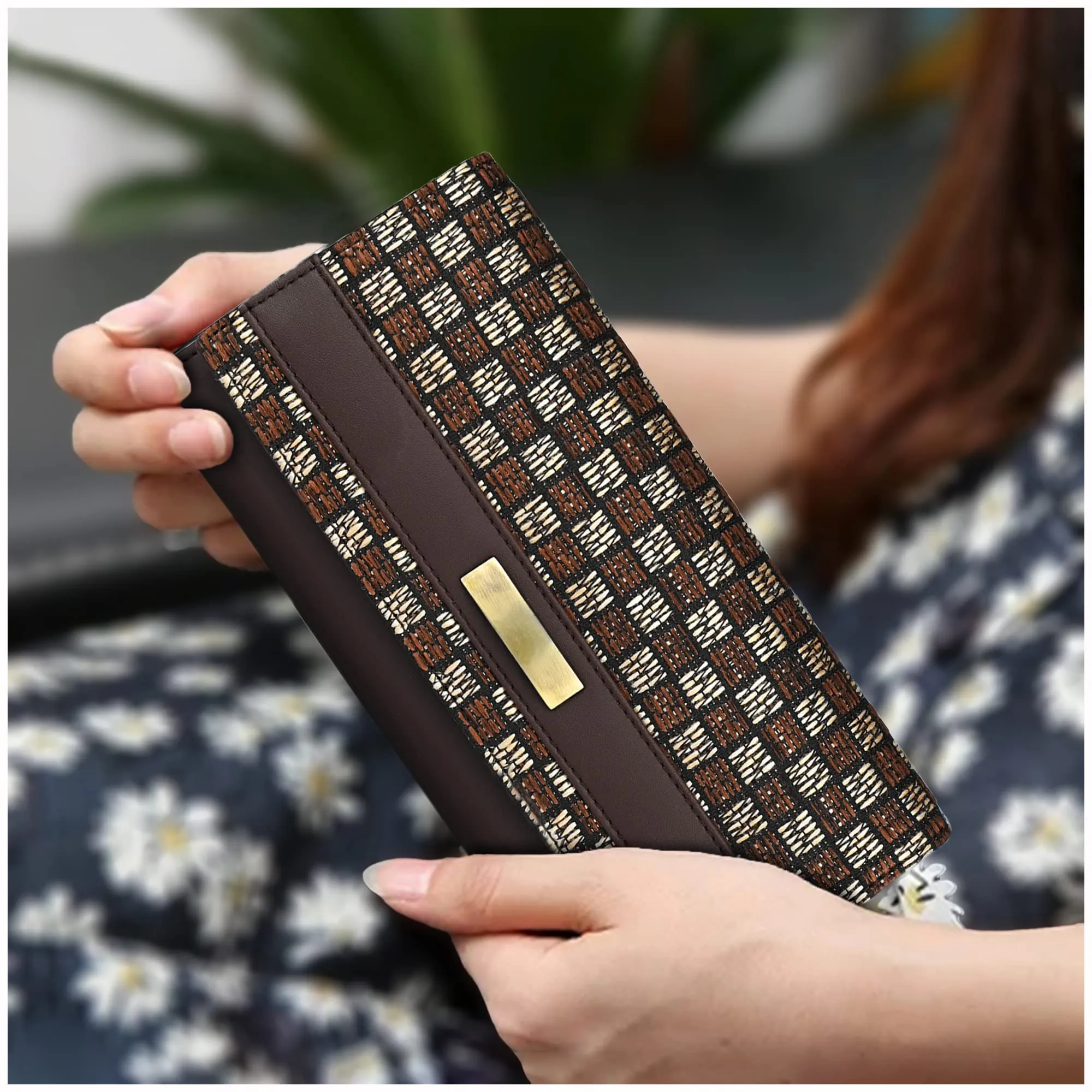 ALSU Women's Trendy Brown Hand Clutch Wallet Jute with Phone Pocket Card Holder (IRF-011br)