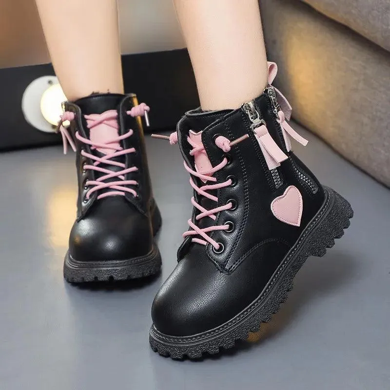 Children's Casual Shoes - Short Black Boots - Pink Heart - TSS319