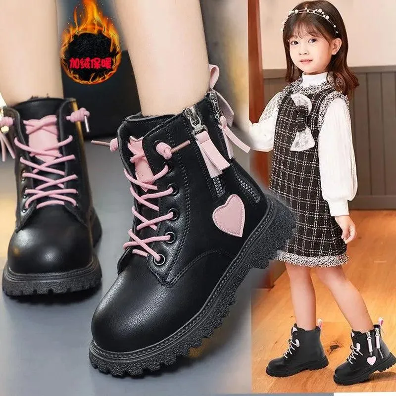 Children's Casual Shoes - Short Black Boots - Pink Heart - TSS319