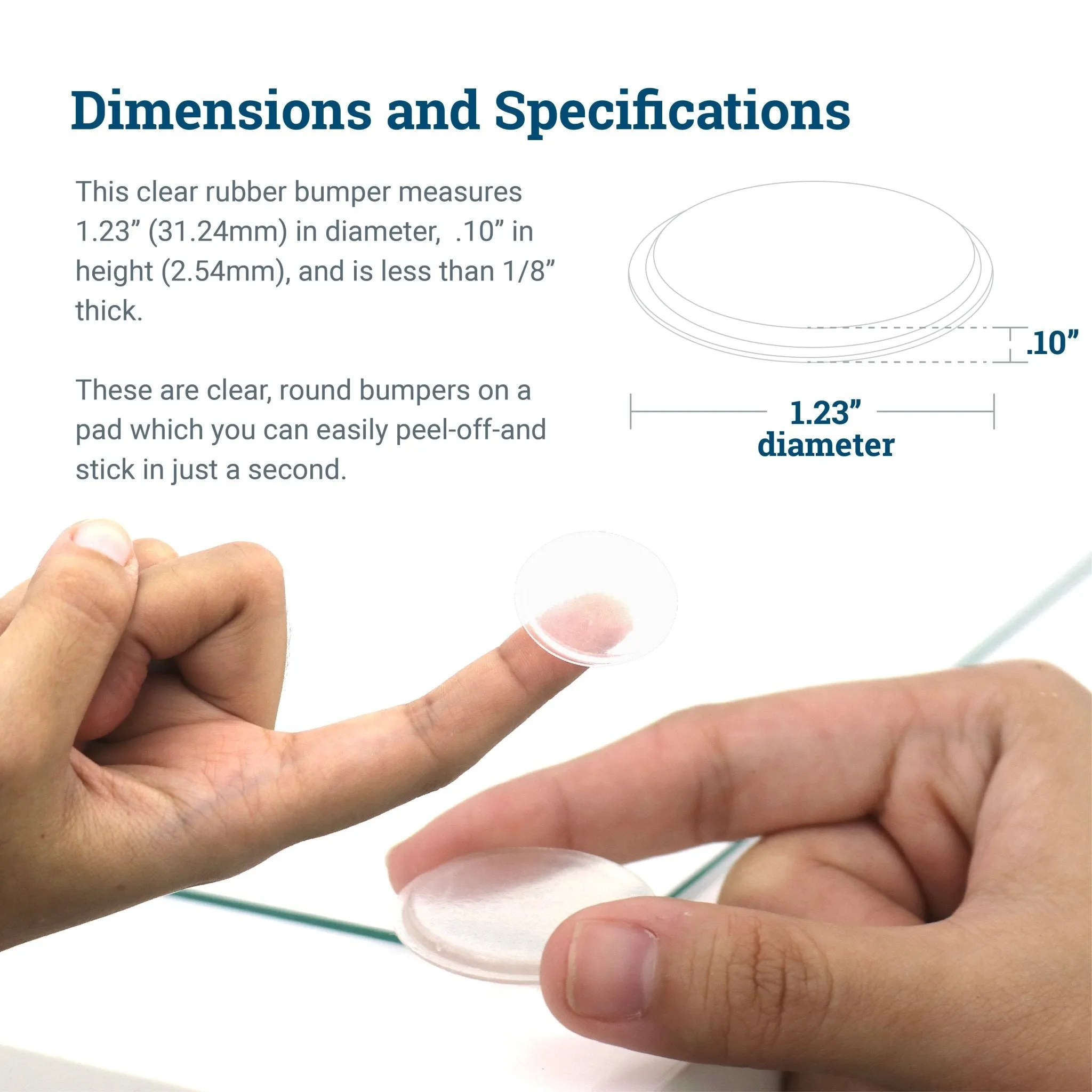 Easy Peel-Off-and-Stick Clear Adhesive Rubber Bumpers for Hanging Pictures - 1.23” (31.24mm) Diameter and .10” (2.54mm) in Height