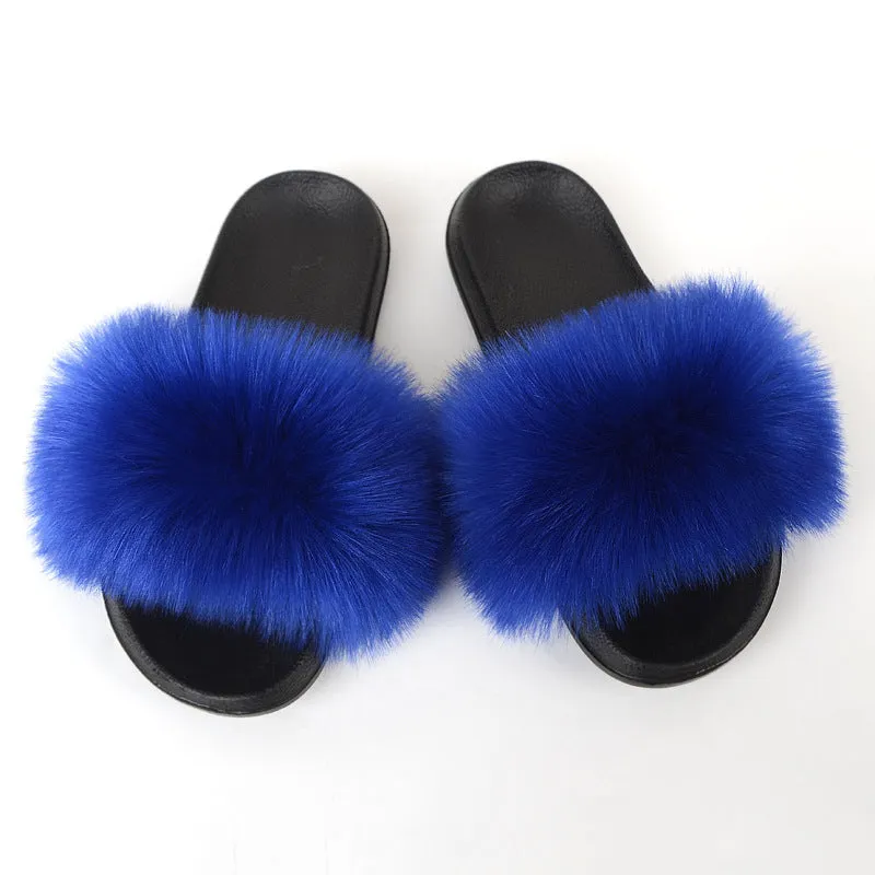 Faux Fox Fur Slippers Women Non Slip Plush Slippers