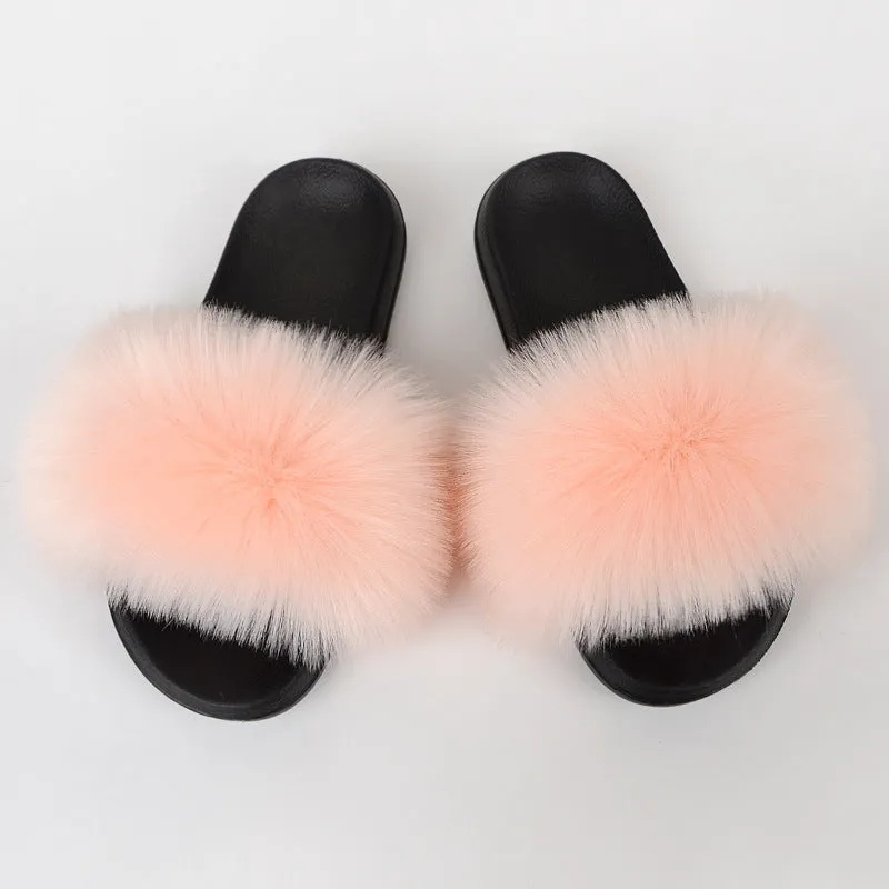 Faux Fox Fur Slippers Women Non Slip Plush Slippers