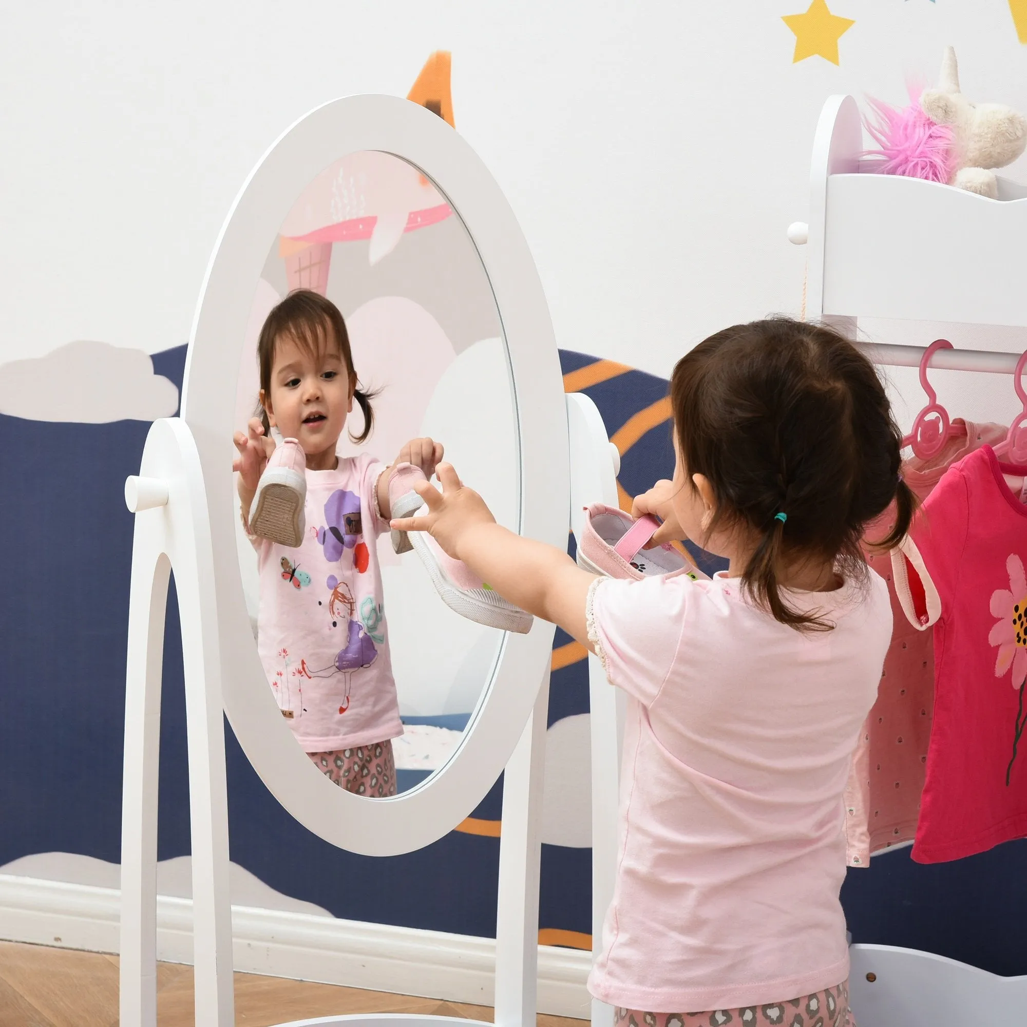 Free Standing Full Length Mirror, Child's Dressing Mirror with storage shelf, Children's White Bedroom Furniture 360-¦ Rotation MDF, For 3- 8 Years Old, 40L x 30W x 104H cm Kids Storage