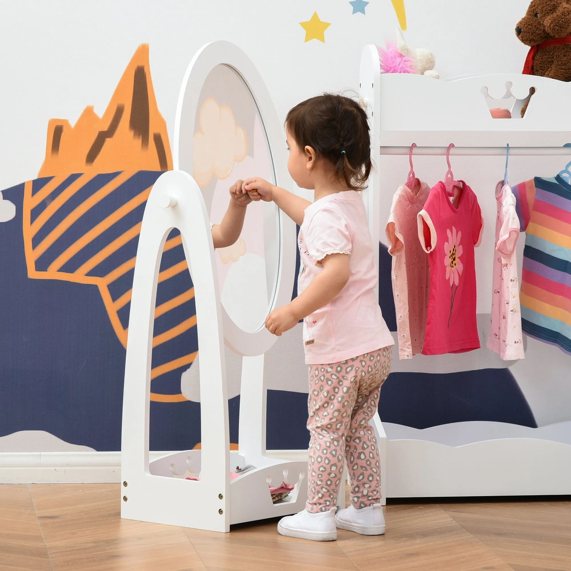 Free Standing Full Length Mirror, Child's Dressing Mirror with storage shelf, Children's White Bedroom Furniture 360-¦ Rotation MDF, For 3- 8 Years Old, 40L x 30W x 104H cm Kids Storage