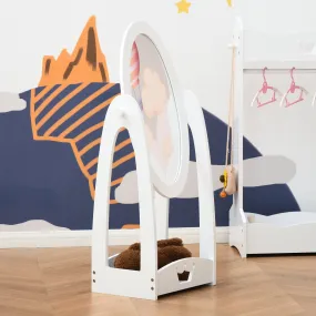 Free Standing Full Length Mirror, Child's Dressing Mirror with storage shelf, Children's White Bedroom Furniture 360-¦ Rotation MDF, For 3- 8 Years Old, 40L x 30W x 104H cm Kids Storage