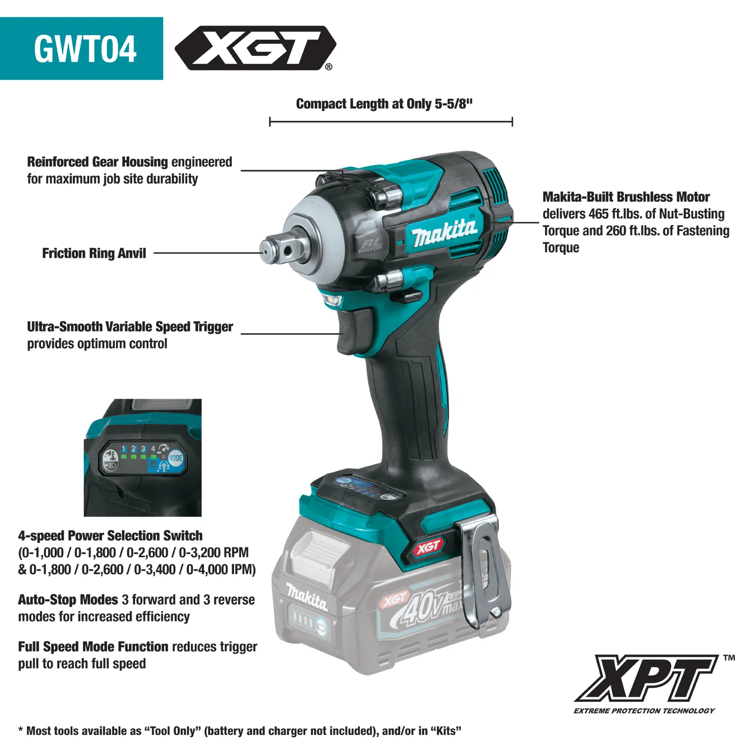 Makita XGT 40V max Impact Wrench 4 Speed 1/2in (Bare Tool)