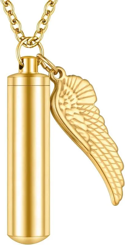 Memorial Keepsake Cylinder Necklace Pendant for Ashes with Angel Wings