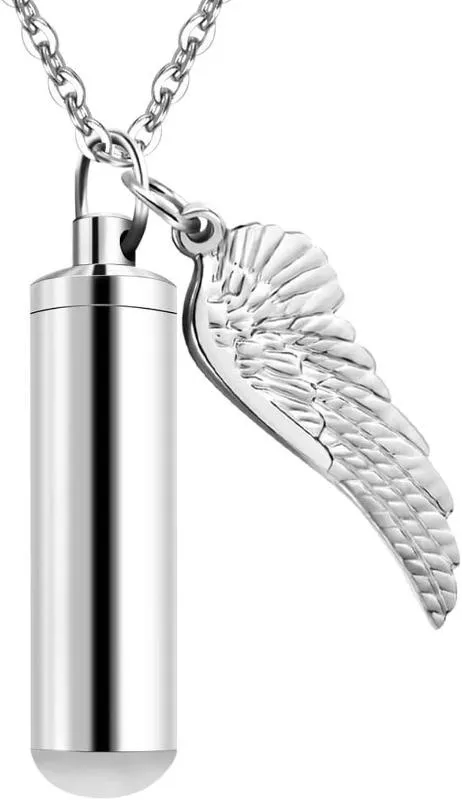 Memorial Keepsake Cylinder Necklace Pendant for Ashes with Angel Wings