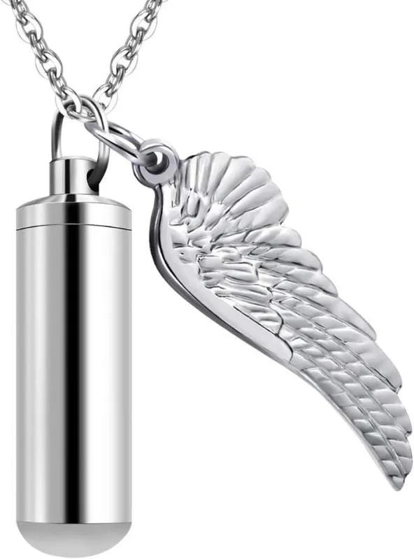 Memorial Keepsake Cylinder Necklace Pendant for Ashes with Angel Wings