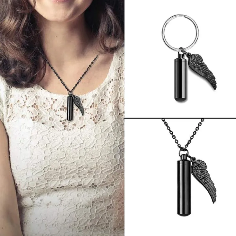 Memorial Keepsake Cylinder Necklace Pendant for Ashes with Angel Wings