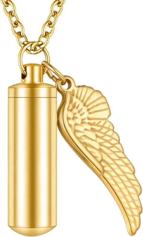 Memorial Keepsake Cylinder Necklace Pendant for Ashes with Angel Wings