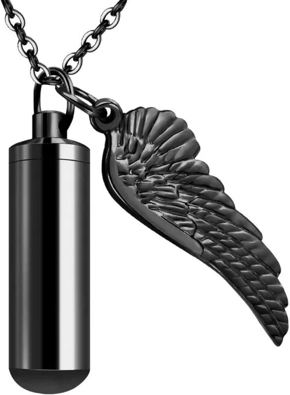 Memorial Keepsake Cylinder Necklace Pendant for Ashes with Angel Wings