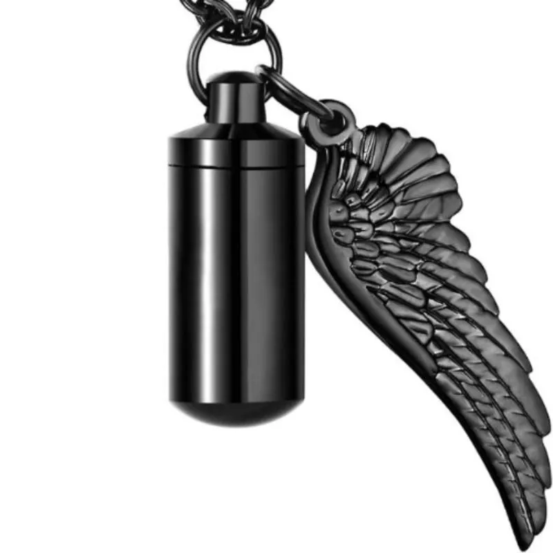 Memorial Keepsake Cylinder Necklace Pendant for Ashes with Angel Wings