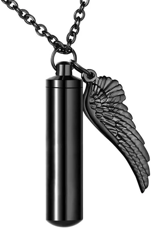 Memorial Keepsake Cylinder Necklace Pendant for Ashes with Angel Wings