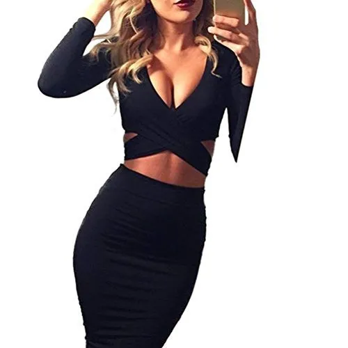 Memorose Womens Sexy Long Sleeve Cut-Out Bandage Bodycon Clubwear Midi Dress Black S