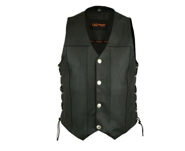 Mens Motorcycle Vest Buffalo Nickel Head Snaps Solid Back With Gun Pockets Side Laces