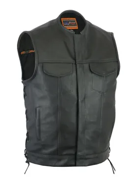 Men's No Collar Motorcycle Vest Single Panel Back With Gun Pockets Side Laces