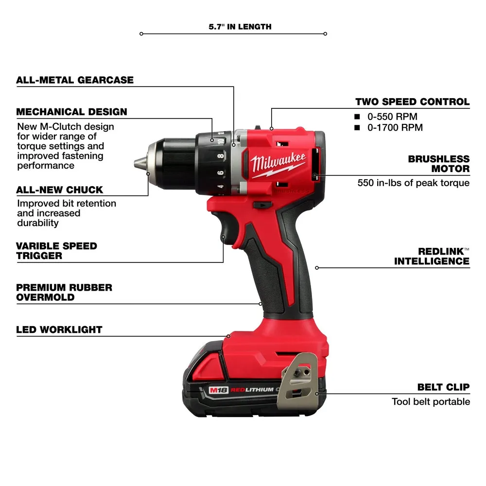 Milwaukee 3692-22CTGR M18 18V Compact Brushless 2-Tool Combo Kit w/ M18 Grinder