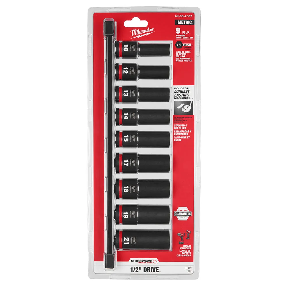 Milwaukee 49-66-7032 SHOCKWAVE 1/2" Drive Metric Deep Well 6 Point Impact Socket Set (9-Piece)