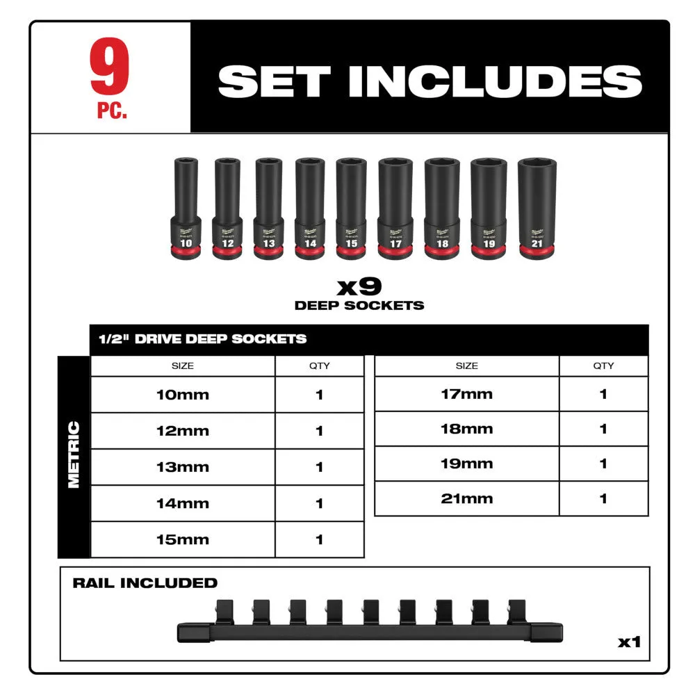 Milwaukee 49-66-7032 SHOCKWAVE 1/2" Drive Metric Deep Well 6 Point Impact Socket Set (9-Piece)