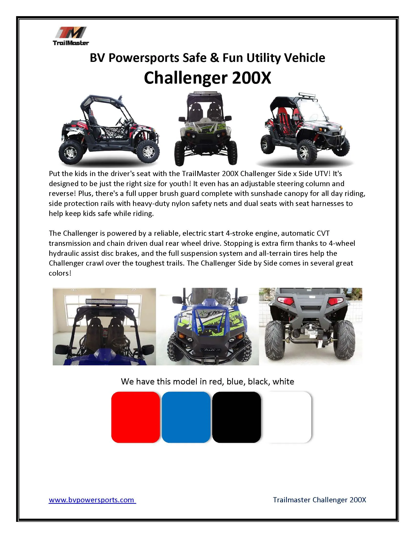 TrailMaster Challenger 200X UTV / Go kart Youth and Adult  adjustable Steering Wheel and Seat, Wind Shield, Light Bar