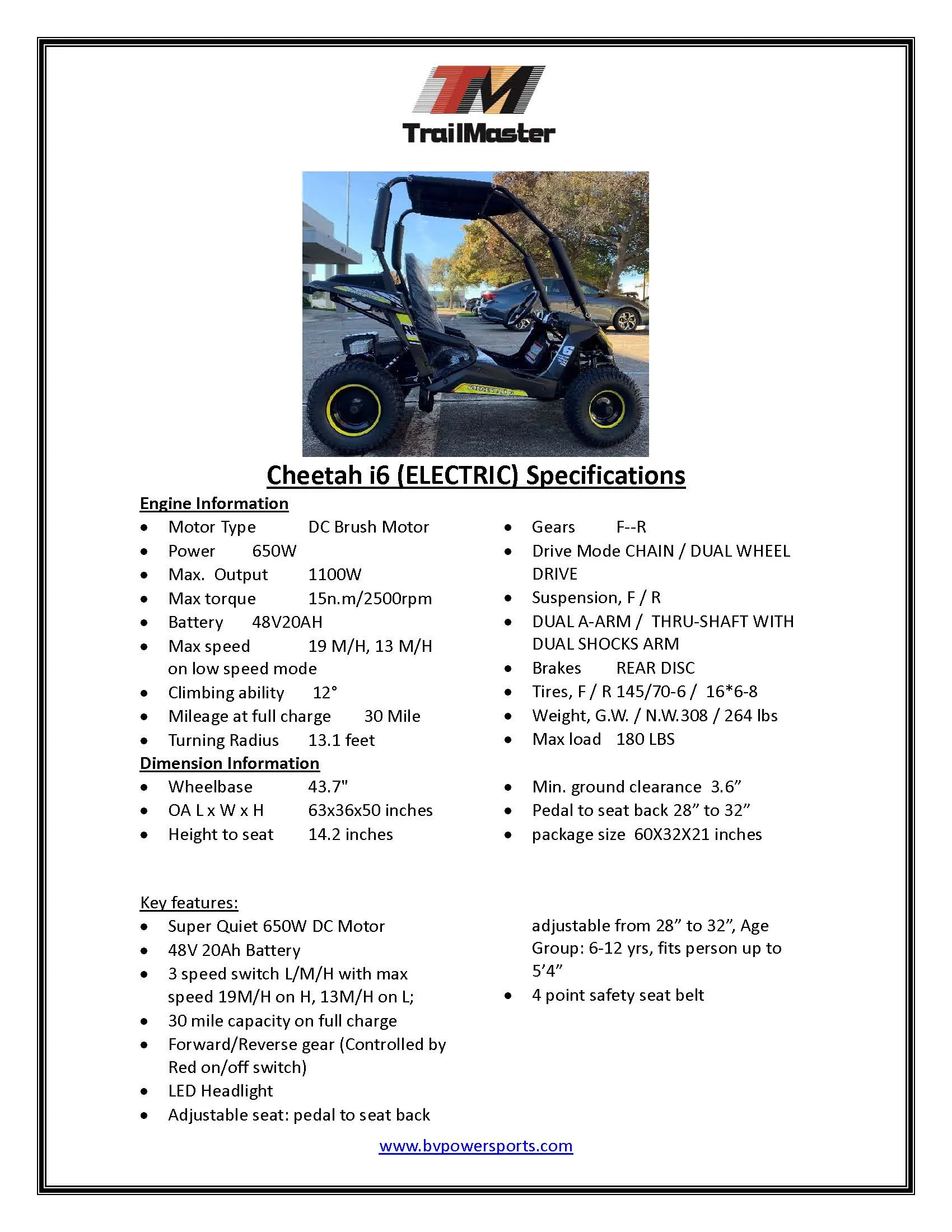 TrailMaster Cheetah i6 all electric, kids off road go kart. 3 speeds, with reverse, 48V 20Ah battery pack