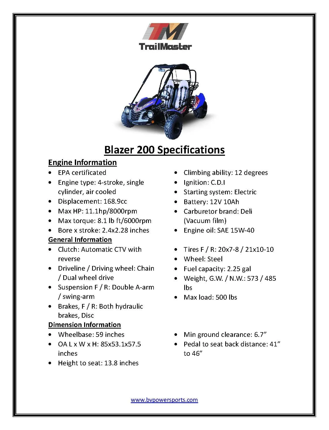 Trailmaster ULTRA BLAZER 200 Go Kart High Back seats, Live Rear Axle, Double A-Arms, Coil Over Shocks