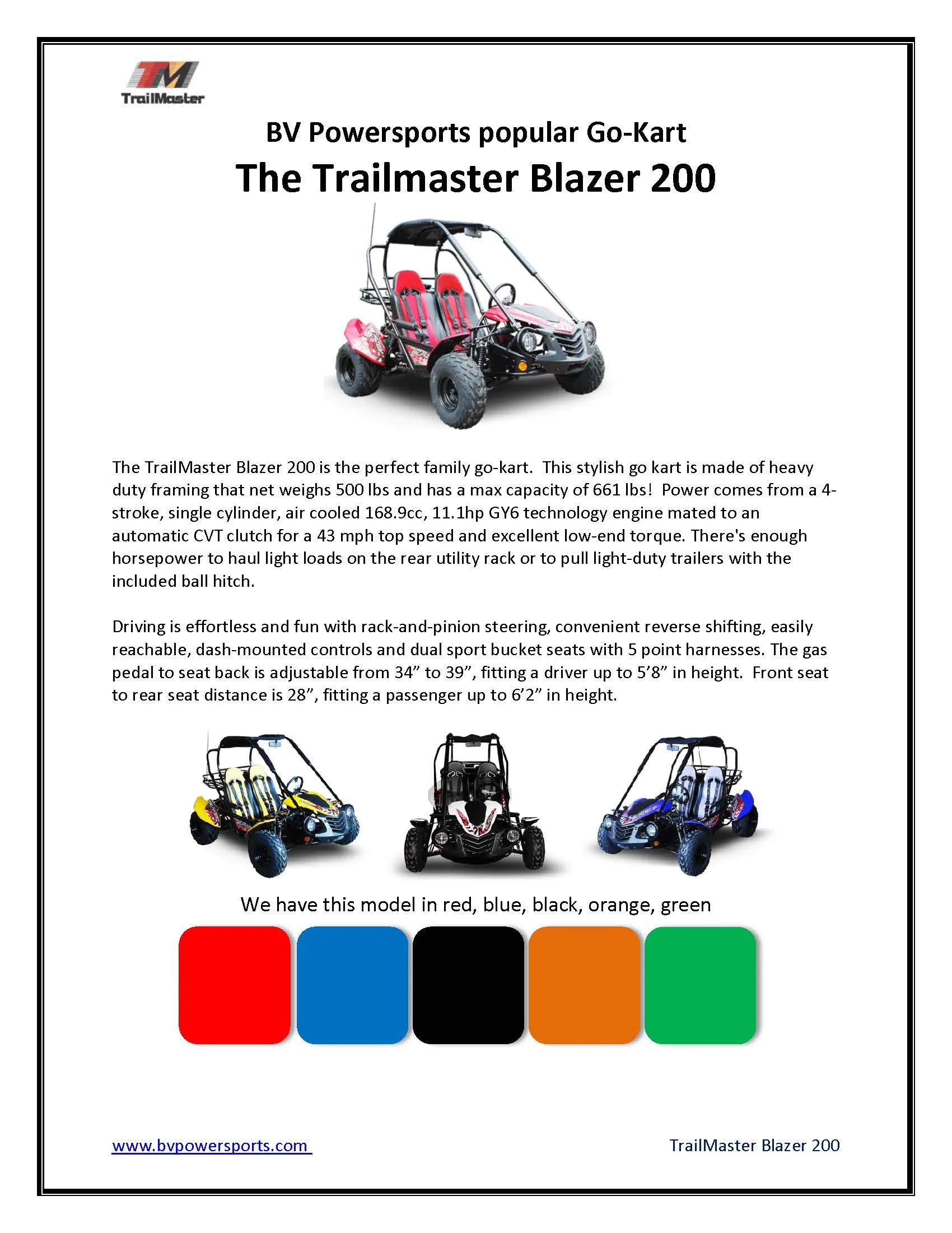 Trailmaster ULTRA BLAZER 200 Go Kart High Back seats, Live Rear Axle, Double A-Arms, Coil Over Shocks