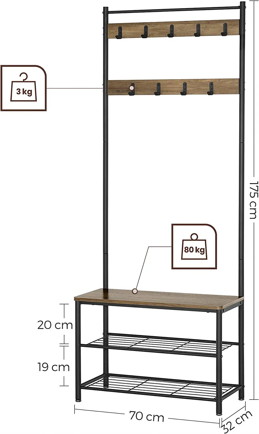 Wooden Coat Rack with Shelves & Hooks by VASAGLE